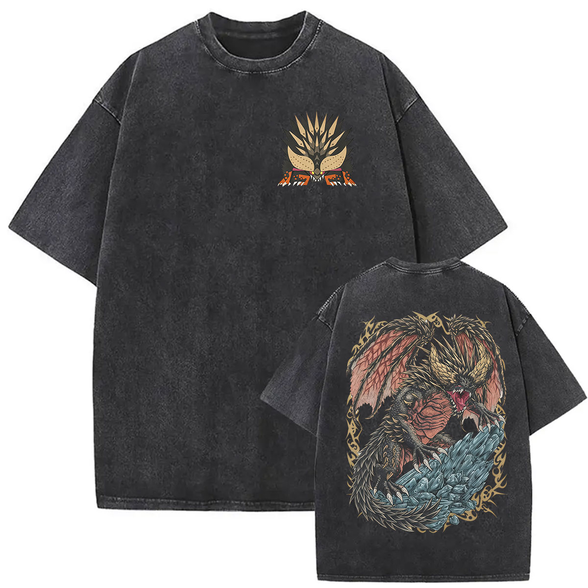 Retro Gaming T Shirt - Vintage-gewaschene Monster Hunter Grafik-T-Shirts Nergigante Der